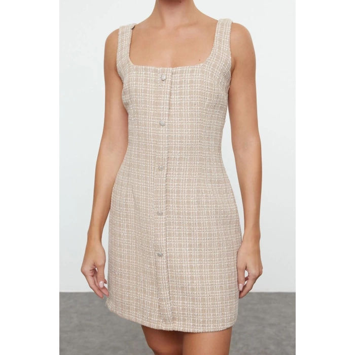 Women Fashion Stylish Mini Length Square Neck Fitted Stone Accessory Glittery Tweed Woven Short Dress