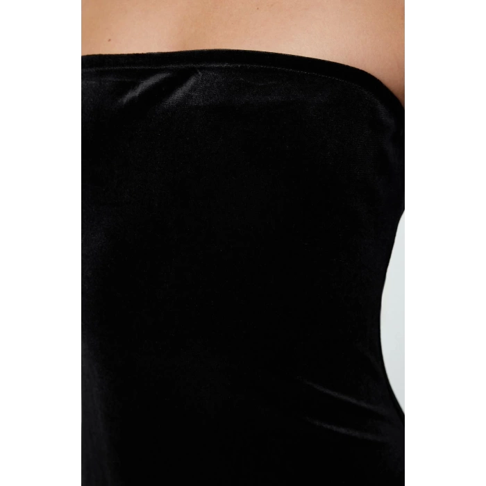 Kadın Moda Şık Midi Boy Straplez Fitted Vücuda Oturan Kadife Örme Elbise