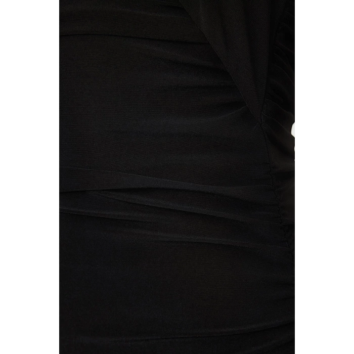 Kadın Moda Şık Midi Boy Asimetrik Yaka Fitted Fırfır Detaylı Tek Kol Örme Elbise