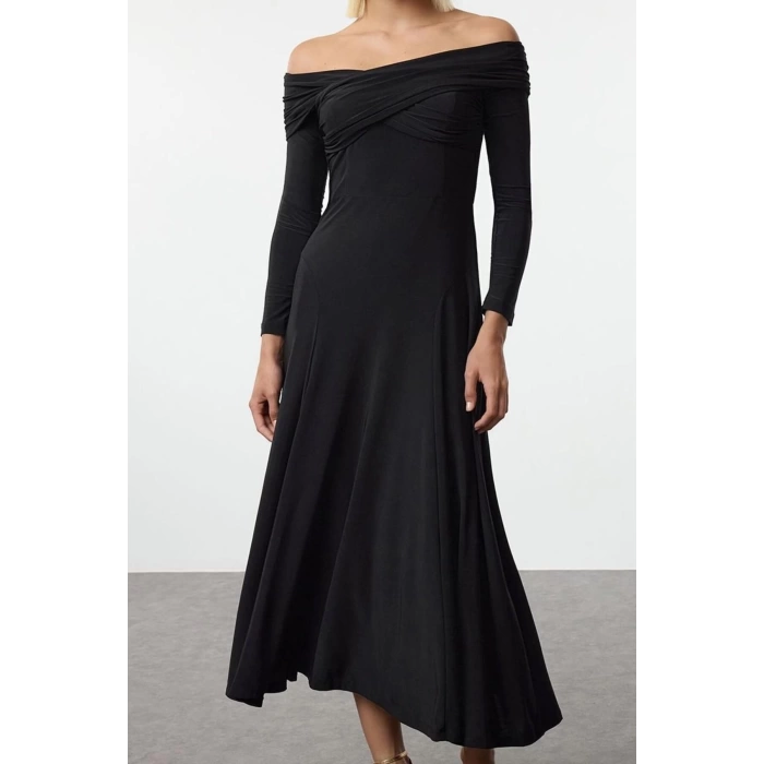Women Fashion Stylish Midi Length Asymmetrical Neck Fitted A-Line Knitted Dress