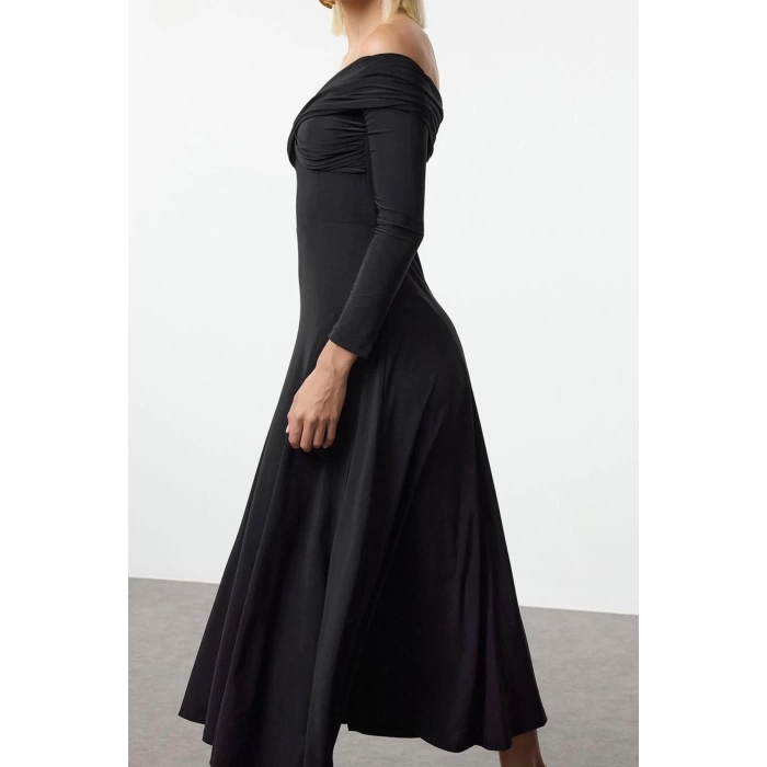 Women Fashion Stylish Midi Length Asymmetrical Neck Fitted A-Line Knitted Dress