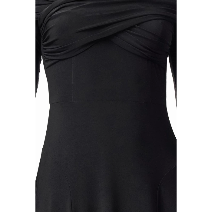 Women Fashion Stylish Midi Length Asymmetrical Neck Fitted A-Line Knitted Dress