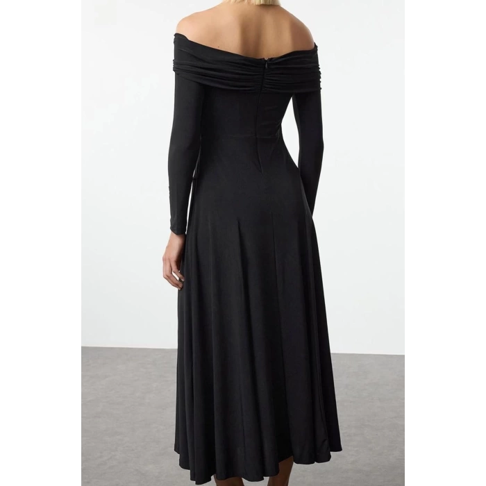 Women Fashion Stylish Midi Length Asymmetrical Neck Fitted A-Line Knitted Dress
