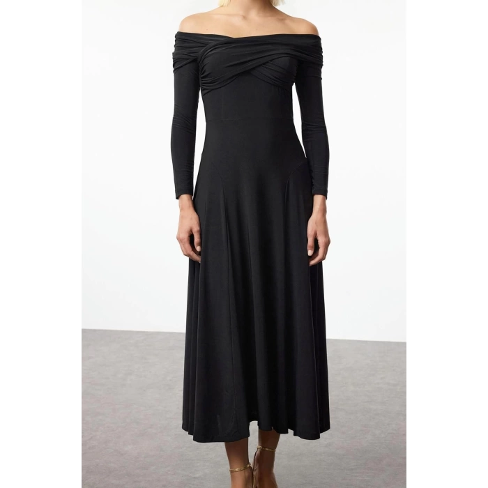 Women Fashion Stylish Midi Length Asymmetrical Neck Fitted A-Line Knitted Dress