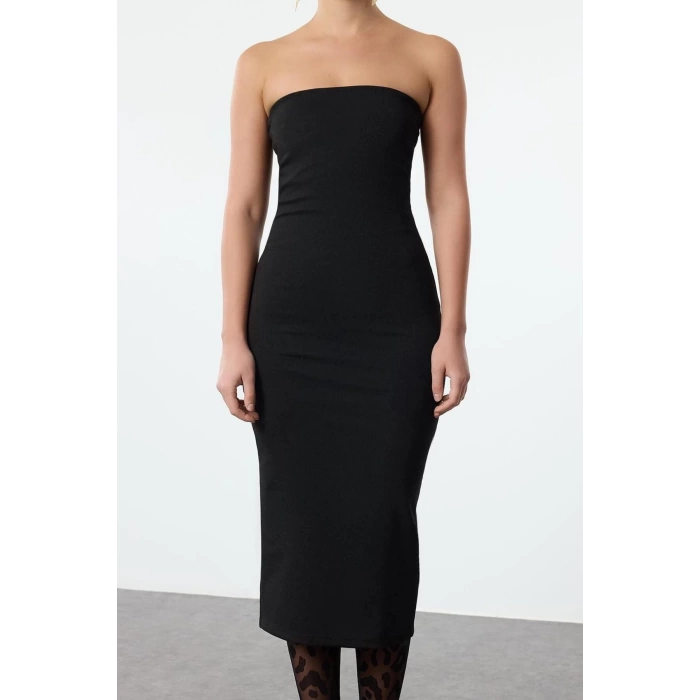 Kadın Moda Şık Midi Boy Straplez Fitted Vücuda Oturan Bir Beden İncelten Örme Elbise