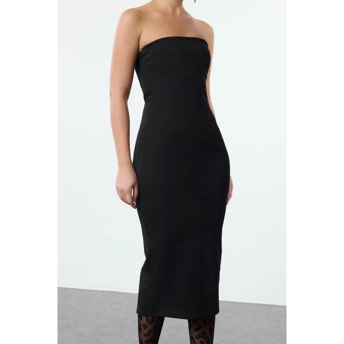 Kadın Moda Şık Midi Boy Straplez Fitted Vücuda Oturan Bir Beden İncelten Örme Elbise