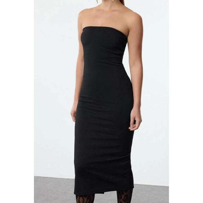 Kadın Moda Şık Midi Boy Straplez Fitted Vücuda Oturan Bir Beden İncelten Örme Elbise