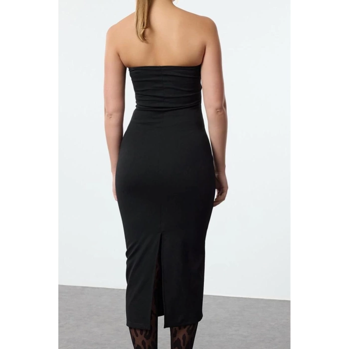 Kadın Moda Şık Midi Boy Straplez Fitted Vücuda Oturan Bir Beden İncelten Örme Elbise