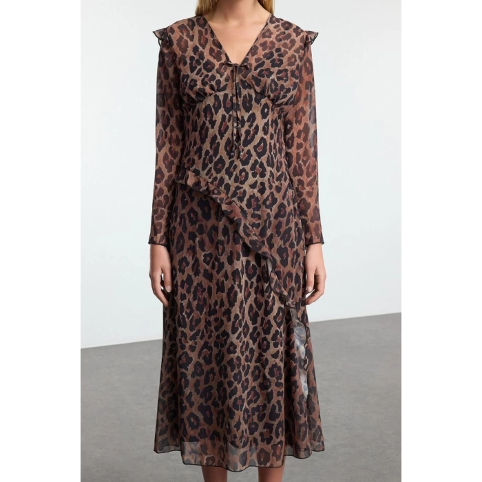 Kadın Moda Şık Midi Boy V Yaka Fitted Leopar Desenli Astarlı Şifon Dokuma Elbise