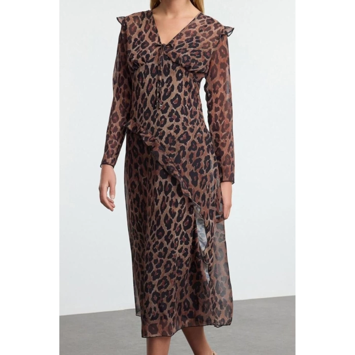 Kadın Moda Şık Midi Boy V Yaka Fitted Leopar Desenli Astarlı Şifon Dokuma Elbise