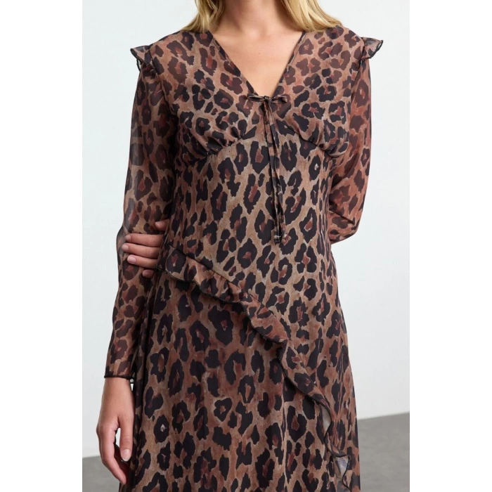Kadın Moda Şık Midi Boy V Yaka Fitted Leopar Desenli Astarlı Şifon Dokuma Elbise