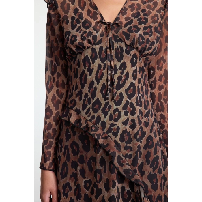 Kadın Moda Şık Midi Boy V Yaka Fitted Leopar Desenli Astarlı Şifon Dokuma Elbise