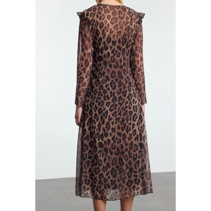 Kadın Moda Şık Midi Boy V Yaka Fitted Leopar Desenli Astarlı Şifon Dokuma Elbise
