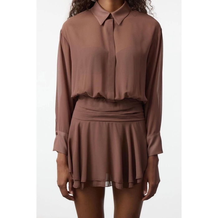 Women Fashion Stylish Mini Length Shirt Collar Fitted A-Line Ruffle Detailed Chiffon Woven Short Dress