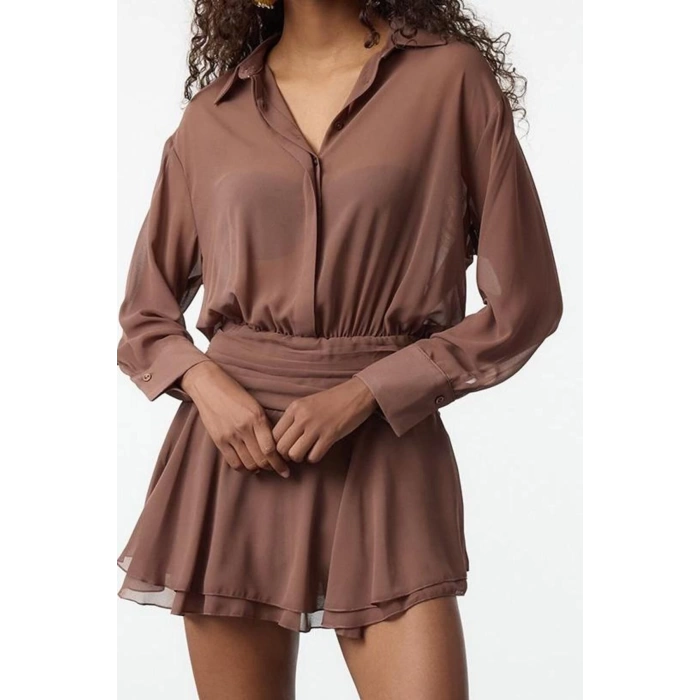 Women Fashion Stylish Mini Length Shirt Collar Fitted A-Line Ruffle Detailed Chiffon Woven Short Dress