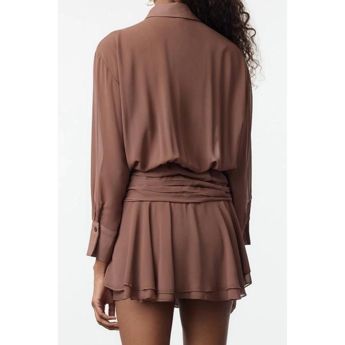 Women Fashion Stylish Mini Length Shirt Collar Fitted A-Line Ruffle Detailed Chiffon Woven Short Dress