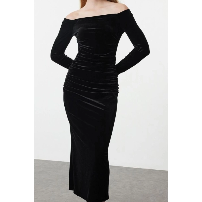 Women Fashion Stylish Midi Length Carmen Collar Fitted Body Knitted Velvet Dress