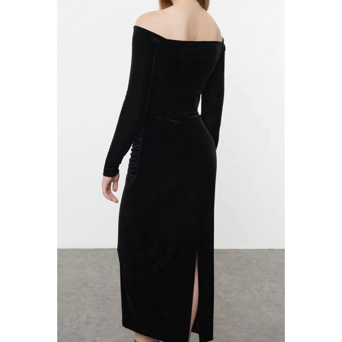 Women Fashion Stylish Midi Length Carmen Collar Fitted Body Knitted Velvet Dress