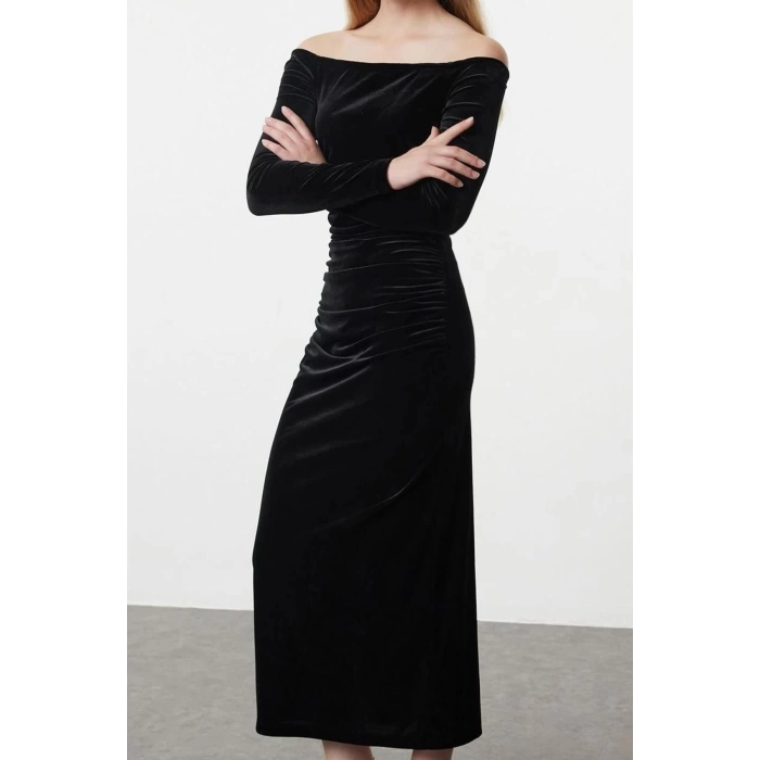 Women Fashion Stylish Midi Length Carmen Collar Fitted Body Knitted Velvet Dress