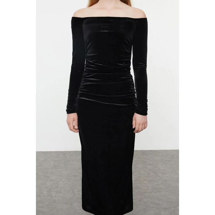 Women Fashion Stylish Midi Length Carmen Collar Fitted Body Knitted Velvet Dress