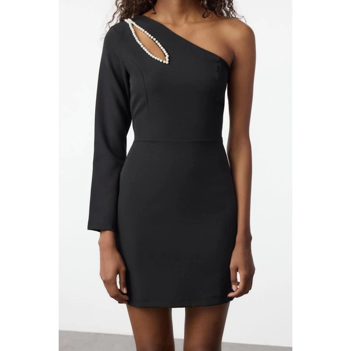 Womens Mini Length Fitted Bodycon Single Sleeve Pearl Cut Out Window Detailed Woven Short Dress