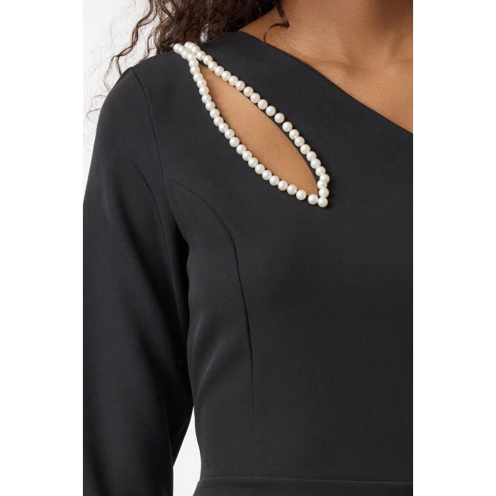 Womens Mini Length Fitted Bodycon Single Sleeve Pearl Cut Out Window Detailed Woven Short Dress