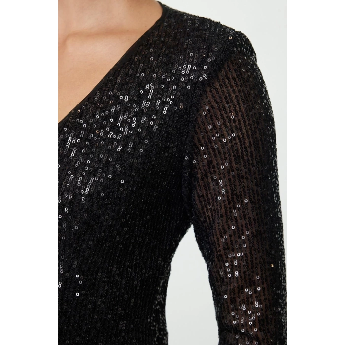 Women Fashion Stylish Mini Length V Neck Fitted Bodycon Sequin Knitted Short Dress
