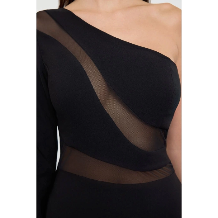 Women Fashion Stylish Midi Length Asymmetrical Collar Fitted Body-Smoothing Transparent Detailed Single Sleeve Woven Dress