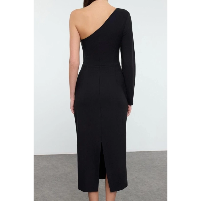 Women Fashion Stylish Midi Length Asymmetrical Collar Fitted Body-Smoothing Transparent Detailed Single Sleeve Woven Dress
