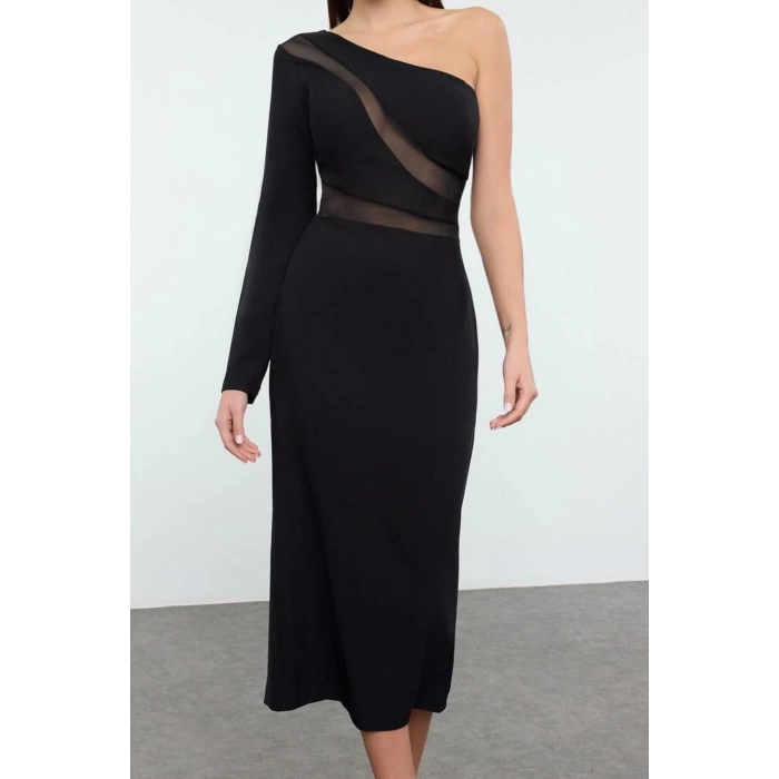 Women Fashion Stylish Midi Length Asymmetrical Collar Fitted Body-Smoothing Transparent Detailed Single Sleeve Woven Dress