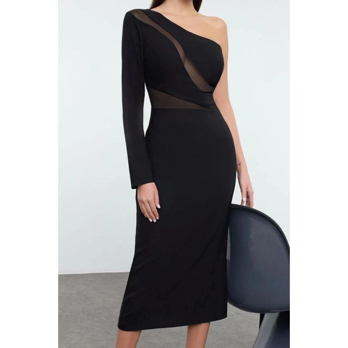 Women Fashion Stylish Midi Length Asymmetrical Collar Fitted Body-Smoothing Transparent Detailed Single Sleeve Woven Dress