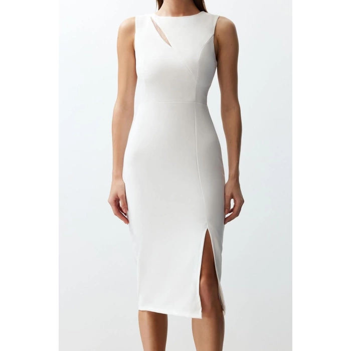 Women Fashion Chic Midi Length Crew Neck Fitted Window Cut Out Detailed Woven Dress