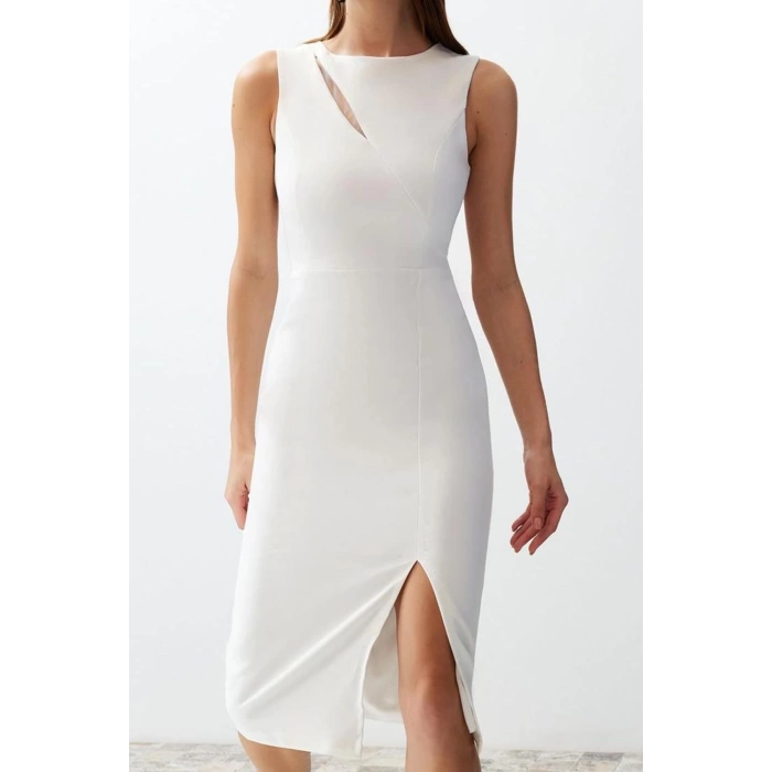 Women Fashion Chic Midi Length Crew Neck Fitted Window Cut Out Detailed Woven Dress