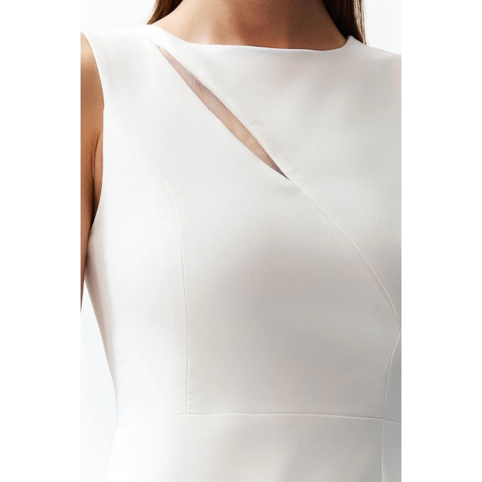 Women Fashion Chic Midi Length Crew Neck Fitted Window Cut Out Detailed Woven Dress