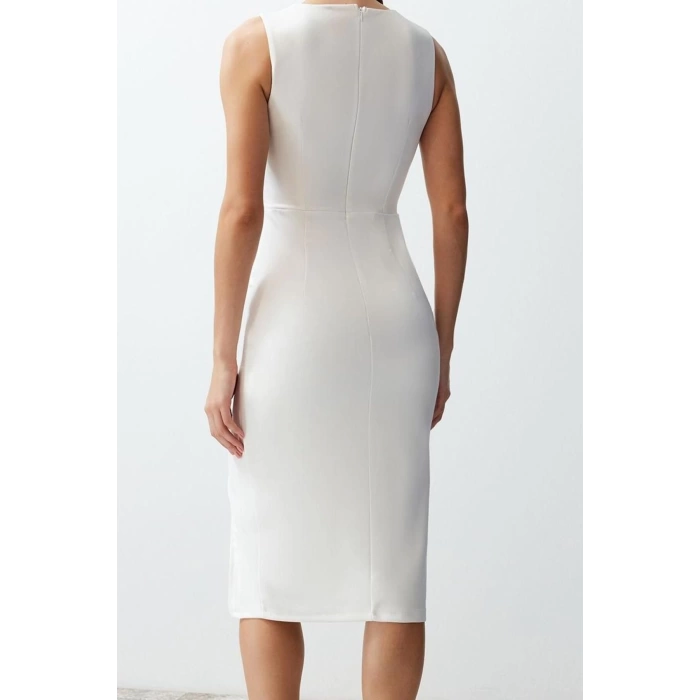 Women Fashion Chic Midi Length Crew Neck Fitted Window Cut Out Detailed Woven Dress