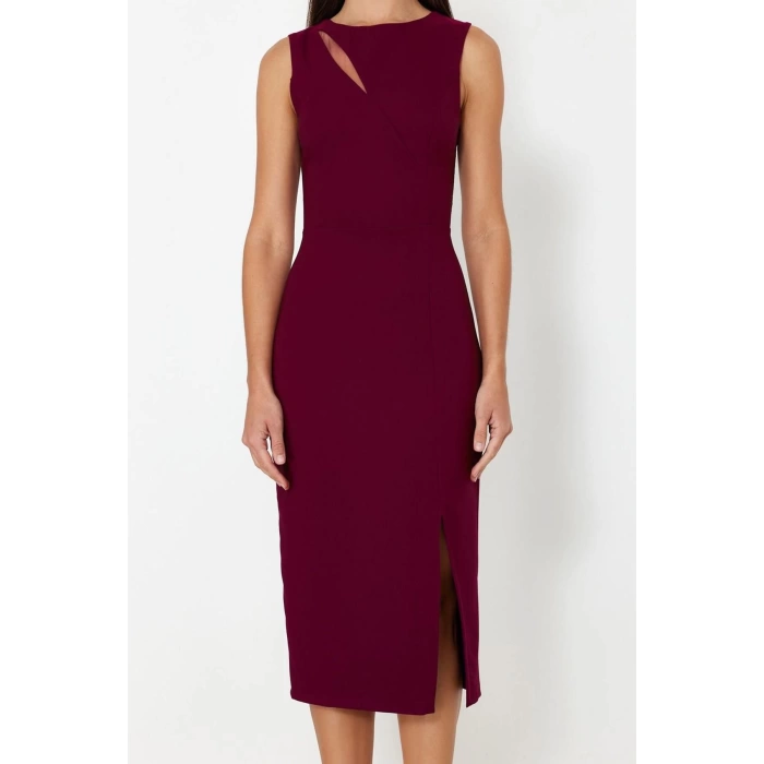 Women Fashion Chic Midi Length Crew Neck Fitted Window Cut Out Detailed Woven Dress