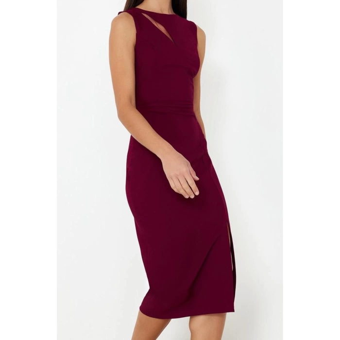 Women Fashion Chic Midi Length Crew Neck Fitted Window Cut Out Detailed Woven Dress