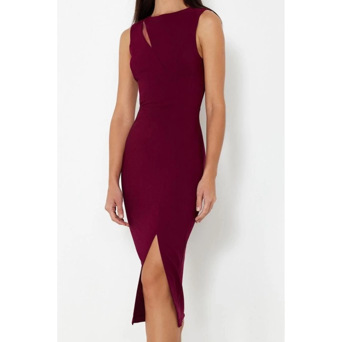 Women Fashion Chic Midi Length Crew Neck Fitted Window Cut Out Detailed Woven Dress