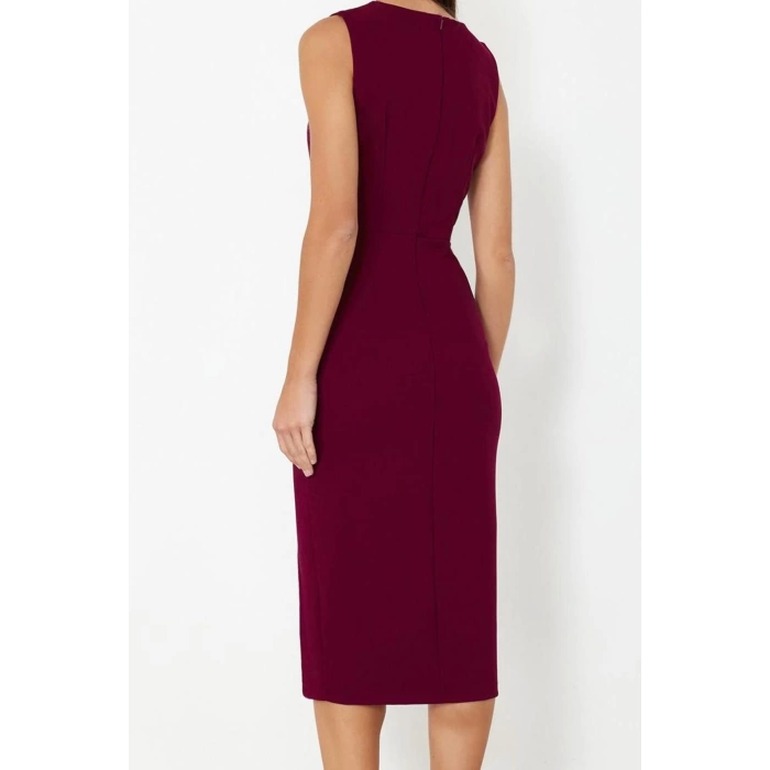 Women Fashion Chic Midi Length Crew Neck Fitted Window Cut Out Detailed Woven Dress