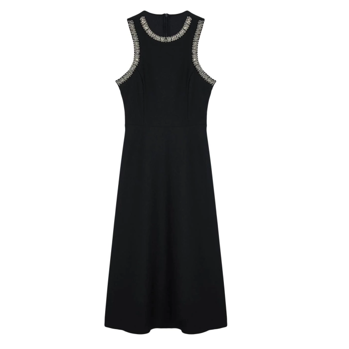 Kadın Moda Şık Midi Boy Halter Yaka Fitted A-Kesim Taş Aksesuarlı Dokuma Elbise