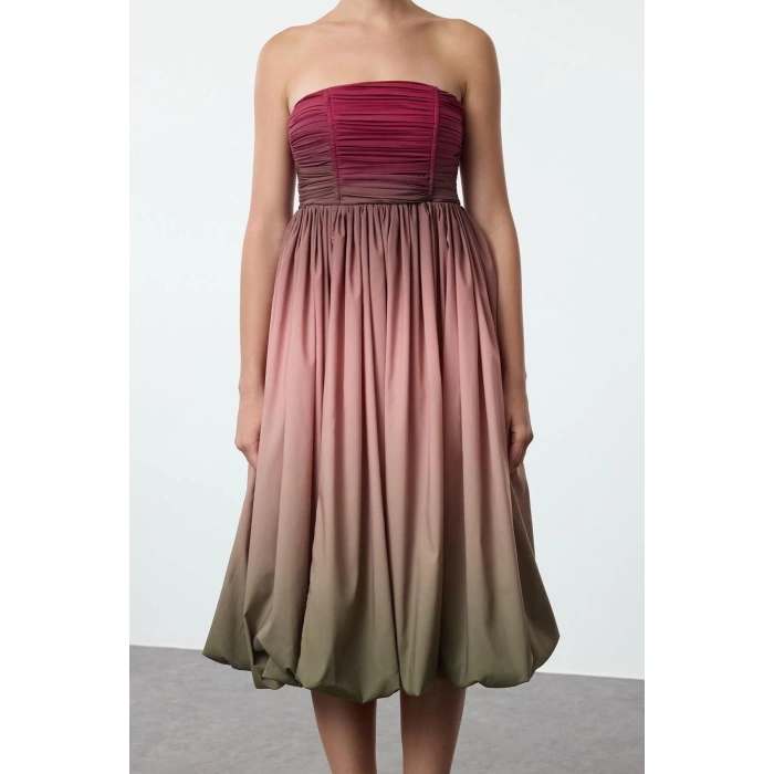 Women Fashion Stylish Midi Length Strapless Fitted Gradient Patterned Balloon Skirt Detailed Poplin Dress