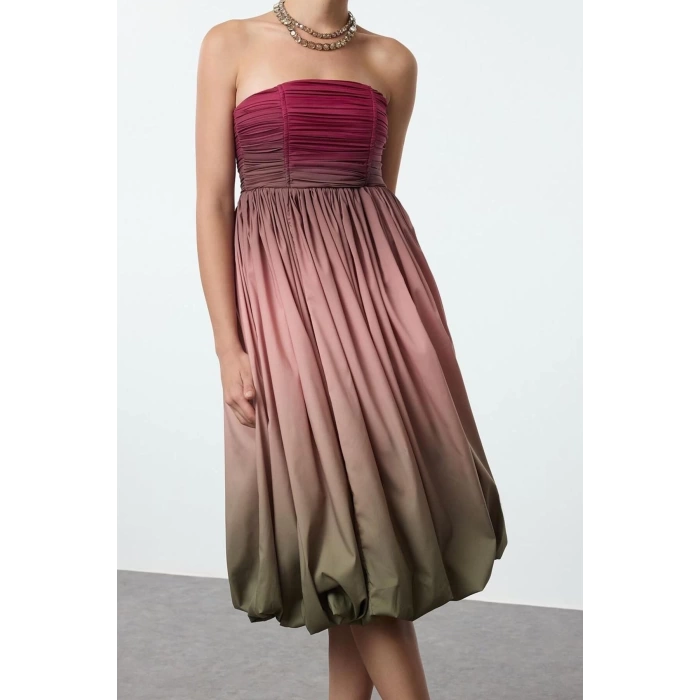Women Fashion Stylish Midi Length Strapless Fitted Gradient Patterned Balloon Skirt Detailed Poplin Dress
