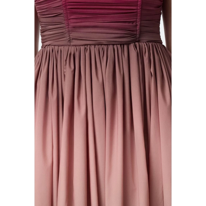 Women Fashion Stylish Midi Length Strapless Fitted Gradient Patterned Balloon Skirt Detailed Poplin Dress