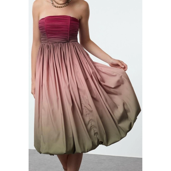 Women Fashion Stylish Midi Length Strapless Fitted Gradient Patterned Balloon Skirt Detailed Poplin Dress
