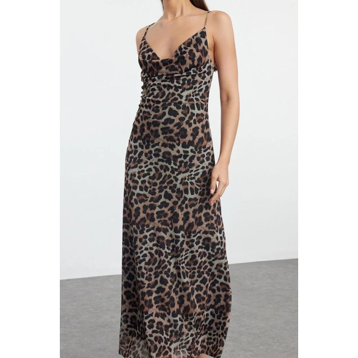 Women Fashion Stylish Midi Length Cowl Neck Fitted Bodycon Lined Leopard Print Tulle Dress