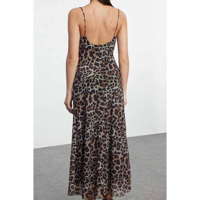 Women Fashion Stylish Midi Length Cowl Neck Fitted Bodycon Lined Leopard Print Tulle Dress