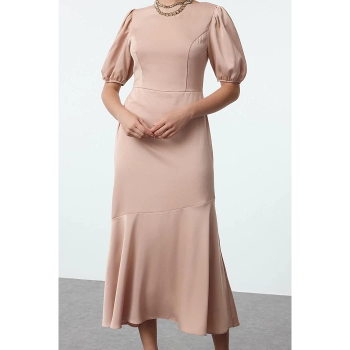 Kadın Moda Şık Midi Boy Bisiklet Yaka Fitted A-Kesim Saten Dokuma Elbise