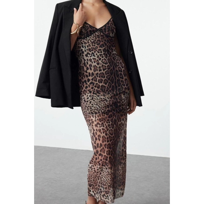 Women Fashion Stylish Midi Length V Neck Fitted Bodycon Leopard Patterned Tulle Woven Dress