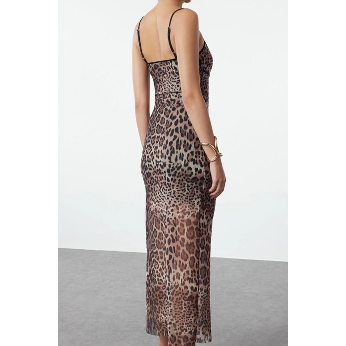 Women Fashion Stylish Midi Length V Neck Fitted Bodycon Leopard Patterned Tulle Woven Dress