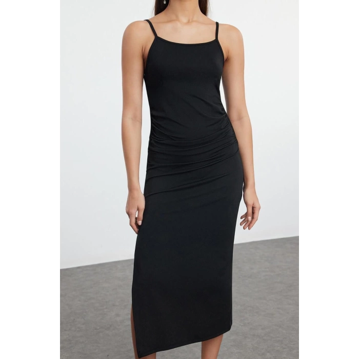 Kadın Moda Şık Midi Boy Kare Yaka Fitted Sırt Detaylı Vücuda Oturan Örme Elbise